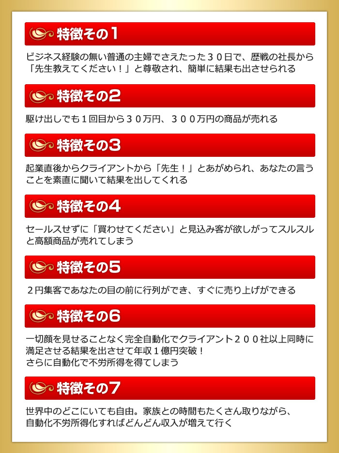 ビジネス経験の無い普通の主婦でさえたった３０日で、歴戦の社長から「先生教えてください！」と尊敬され、簡単に結果も出させられる