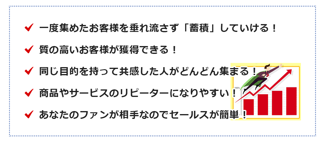 一度集めたお客様を垂れ流さず「蓄積」していける！質の高いお客様が獲得できる！同じ目的を持って共感した人がどんどん集まる！商品やサービスのリピーターになりやすい！あなたのファンが相手なのでセールスが簡単！