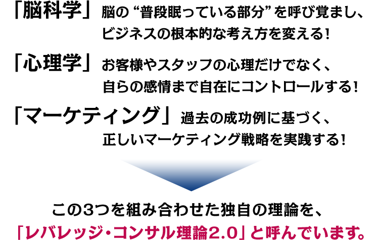 この3つを組み合わせた独自の理論を、「レバレッジ・コンサル理論2.0」と呼んでいます。